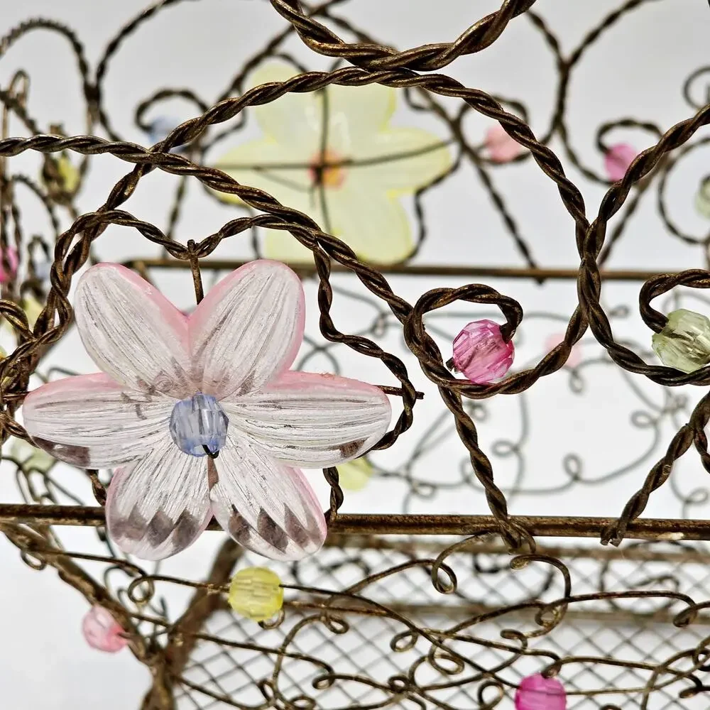 Vintage Beaded Wire Metal Basket Twisted Handle Floral Acrylic Beads Pink Yellow
